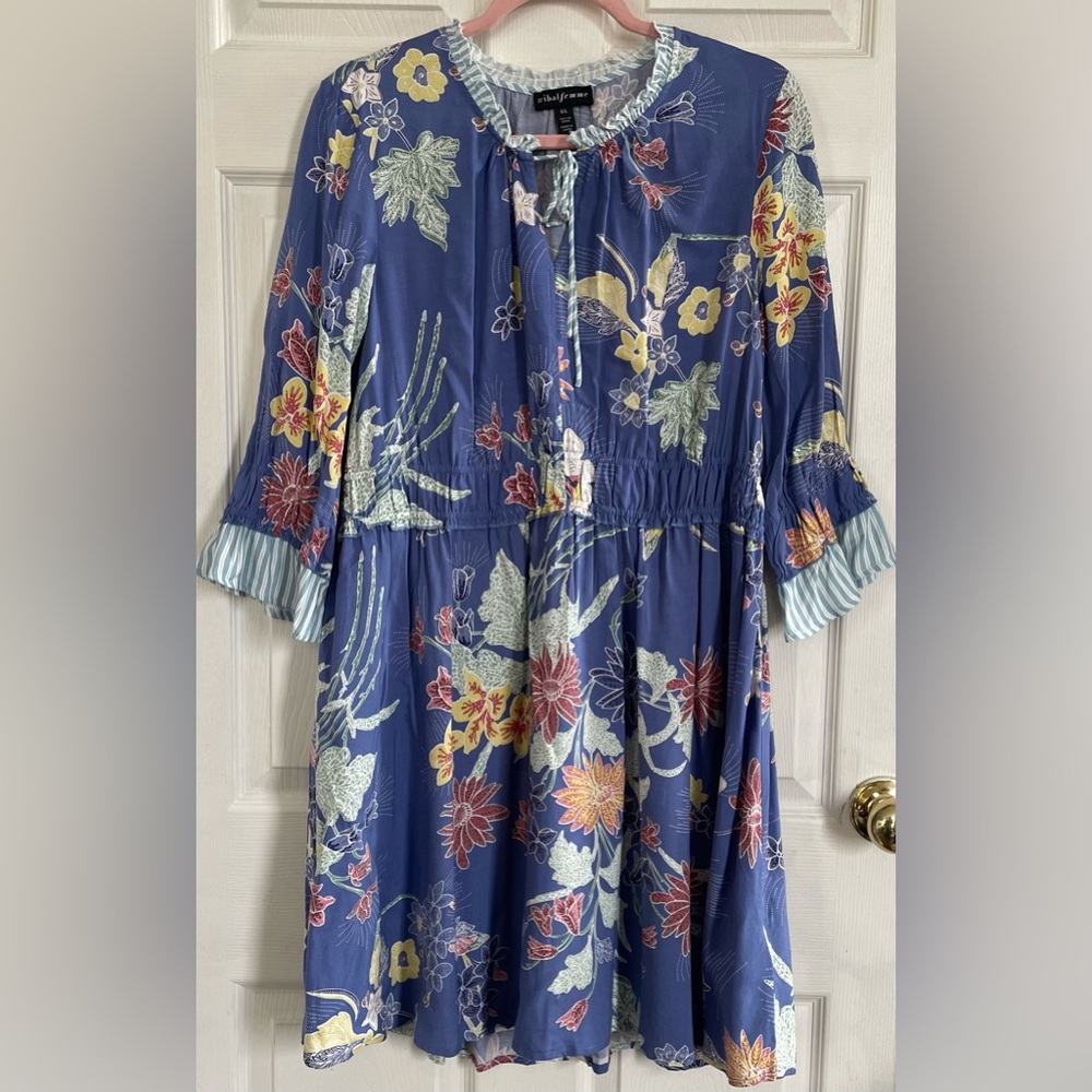 Tribal Femme | Size L - Blue Floral Knee Length Dress with Adjustable Neckline